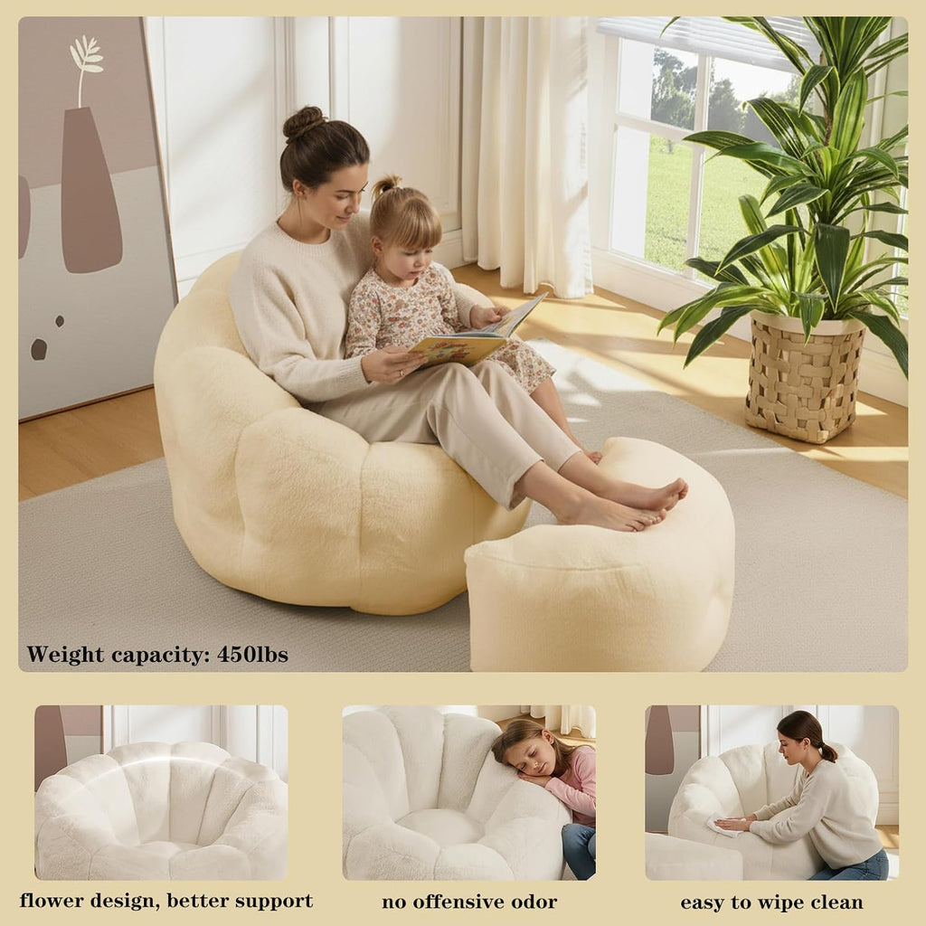 Bean Bag Chair with Ottoman, Beige Flower Bean Bag Chairs for Adults and Teens, Comfy Plush Faux Fur Reading Chair for Living Room, Bedroom, Apartment, Dorm