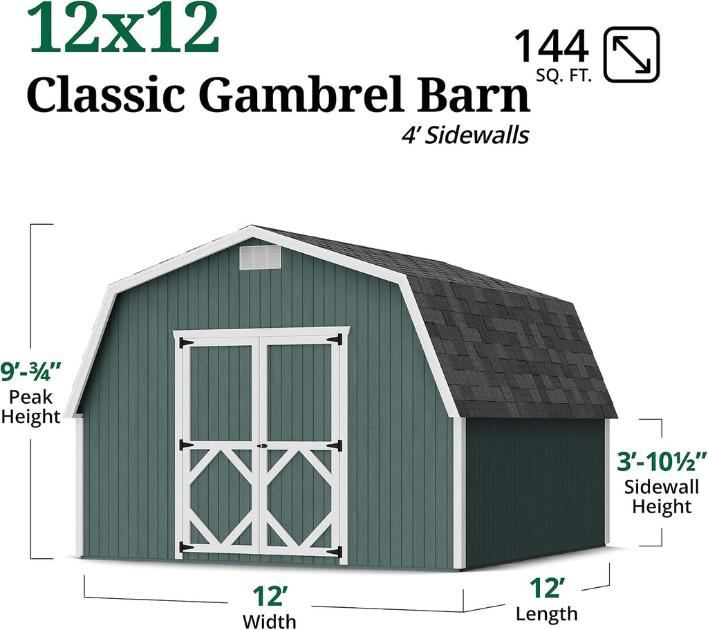 Little Cottage Co. 12x12 Classic Gambrel Barn with 4 ft. Sidewalls with Floor, Outdoor Wood Storage Shed Do-It-Yourself Precut Kit