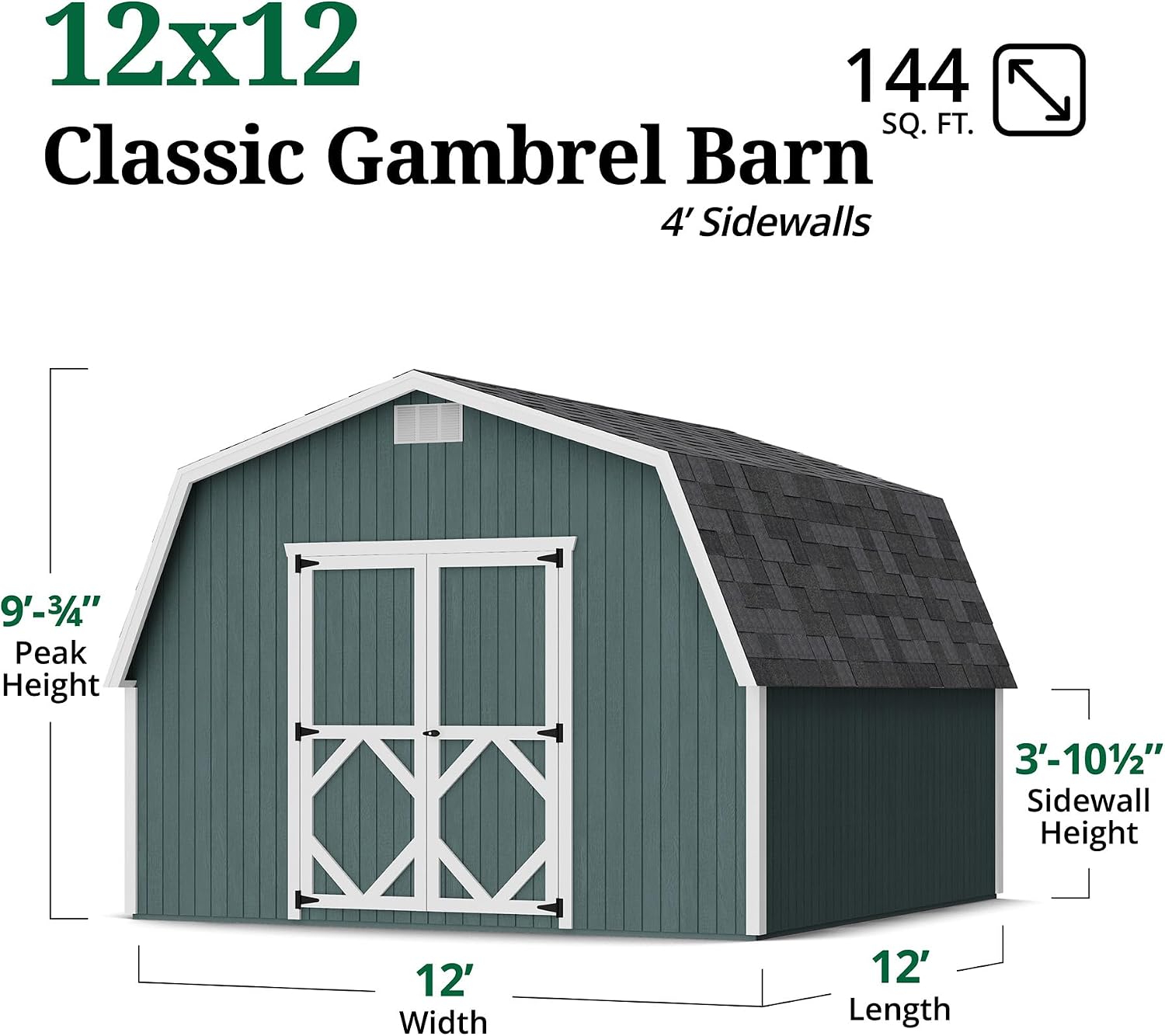 Little Cottage Co. 12x12 Classic Gambrel Barn with 4 ft. Sidewalls with Floor, Outdoor Wood Storage Shed Do-It-Yourself Precut Kit
