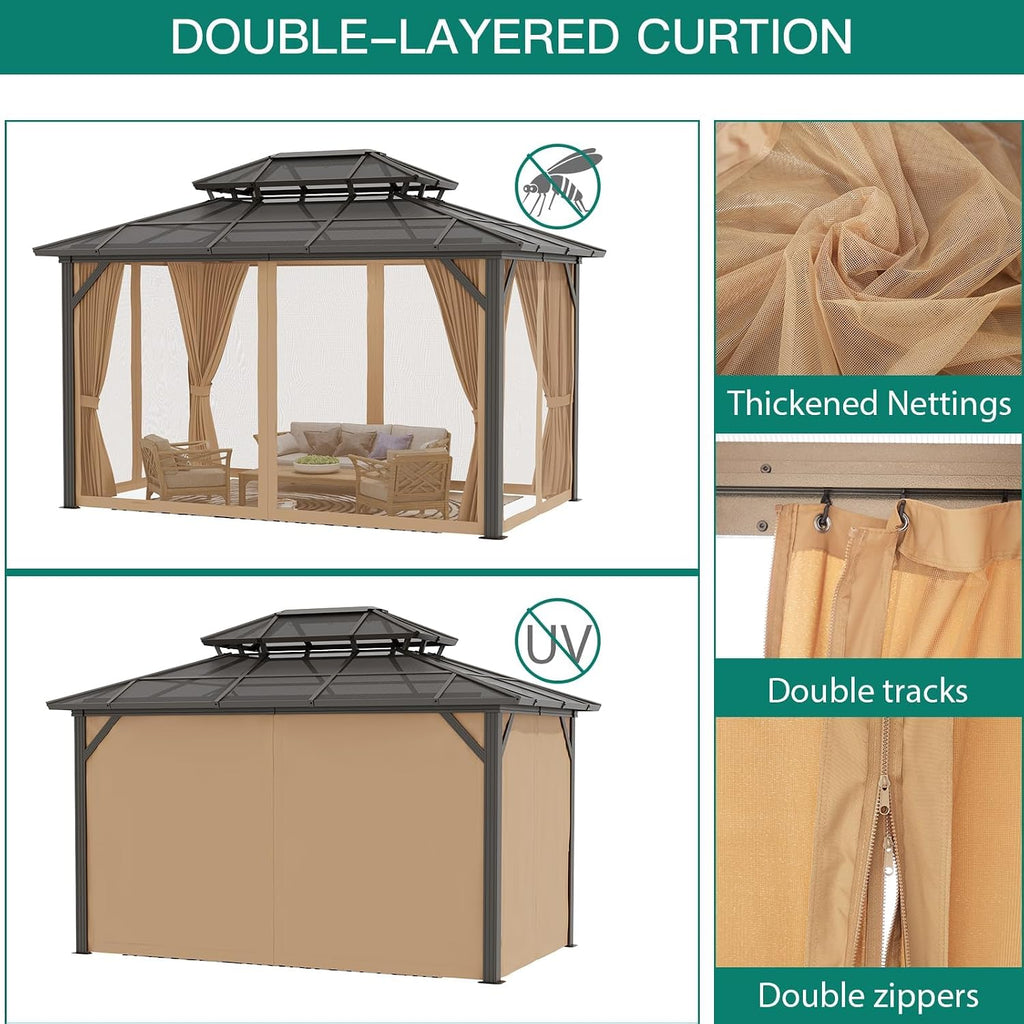 13'x10' Aluminum Permanent Hardtop Gazebo with Double Roof, Includes Removable Curtains & Mosquito Netting for Patio, Garden, and Backyard Use