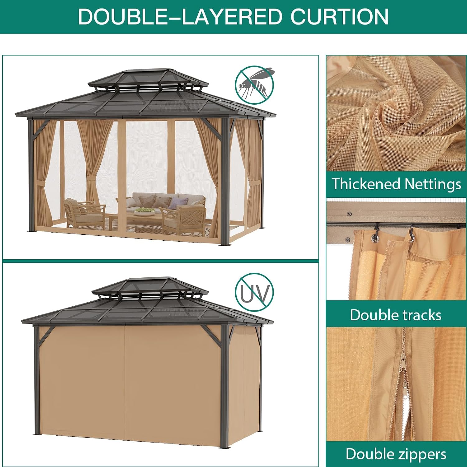 13'x10' Aluminum Permanent Hardtop Gazebo with Double Roof, Includes Removable Curtains & Mosquito Netting for Patio, Garden, and Backyard Use