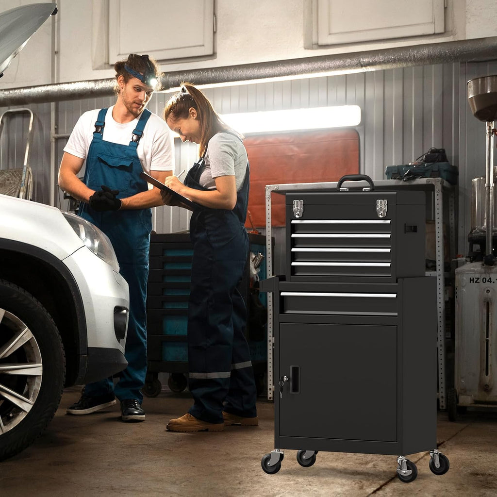 5 Drawer Rolling Tool Chest with Drawers-Lockable Metal Toolbox on Wheels-Detachable Top Tool Storage & Rolling Tool Cart for Garage Workshop,Repair Room(Black)