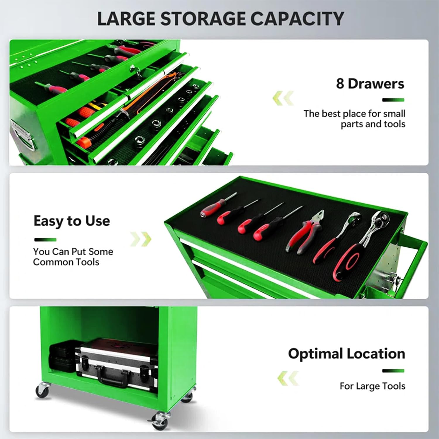 8-Drawer Rolling Tool Chest – 2-in-1 Lockable Tool Box with Wheels, Sliding Drawers & Detachable Top – Garage & Workshop Storage Cabinet, Green