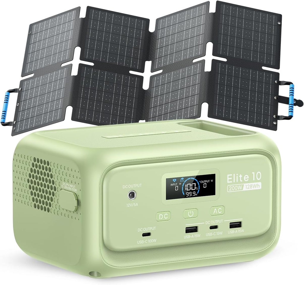 BLUETTI Solar Generator Elite 10 with 60W Solar Panel Included (Ship Separately), 128Wh Mini Power Station with 200W AC Port, Palm-Size Portable Power for Camping, Outages, UPS Backup (Meadow Green)