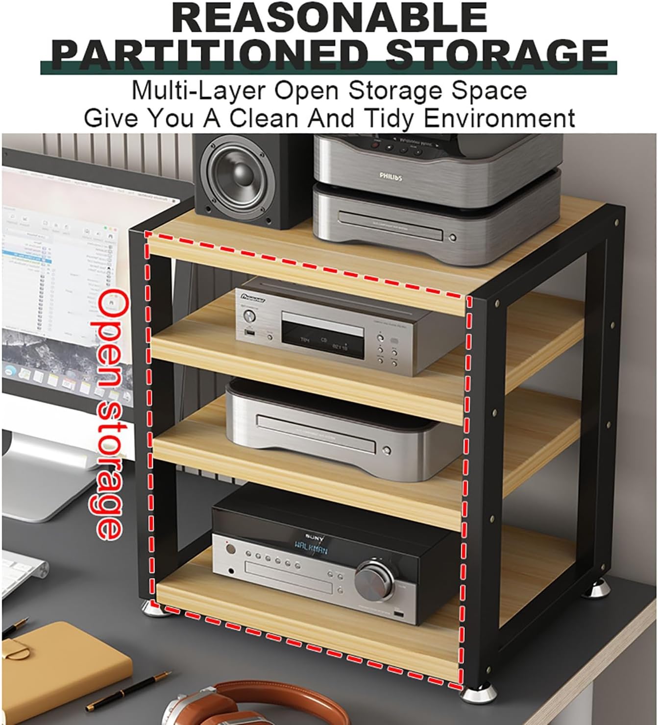 Portable Media Stand - Audio Rack & AV Storage Shelf for Living Room, Gaming, Recording, Bedroom - Stereo Corner Shelf with Storage (Black, 40x35x23cm)