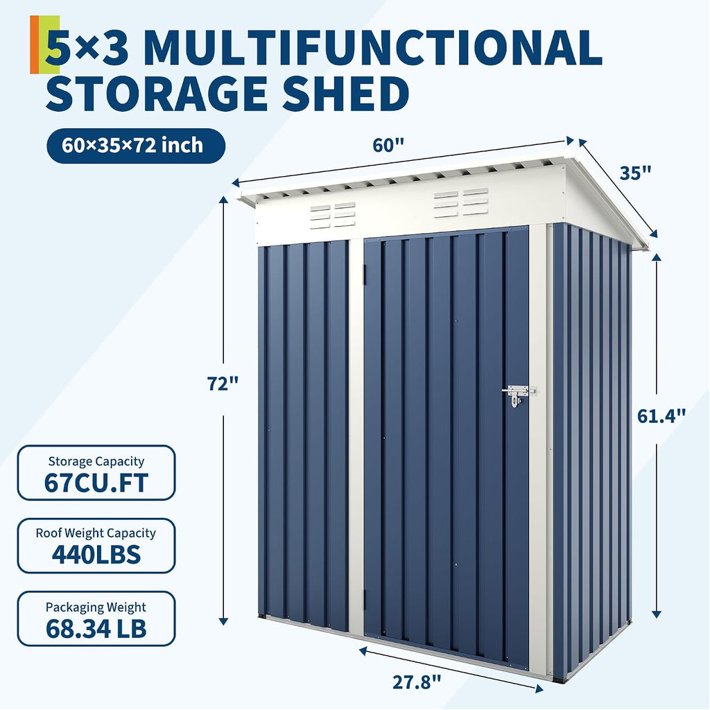Garvee Metal Tool Shed with Single Door - Slanted Roof, Small Size, 5x3FT, Garden Storage, Outdoor Iron Tool Storage