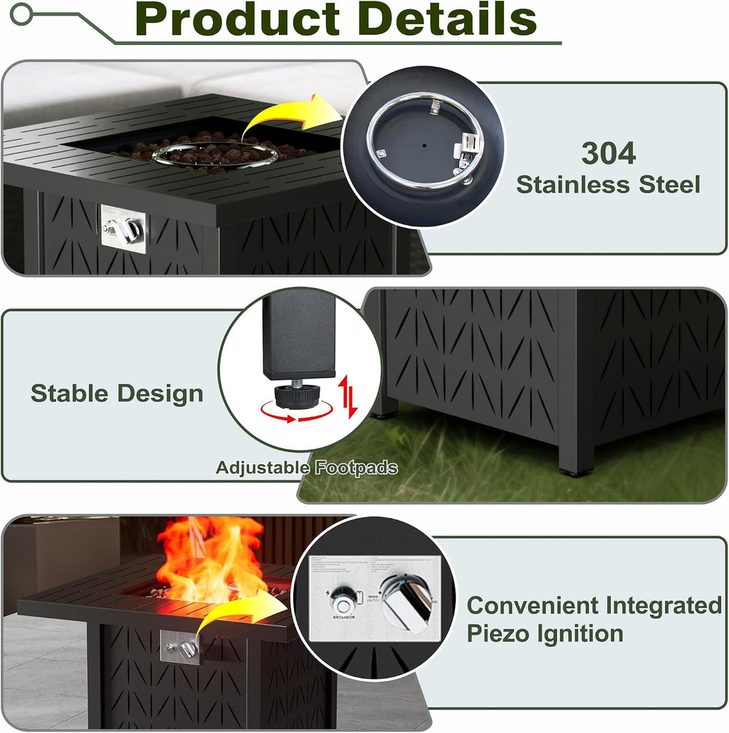 Dineli 28-Inch Square Propane Fire Pit Firepits for Outside Patio Fire Pit Table, Gas Fire Pits with Adjustable Feet, Tabletop Fire Pits for Backyard Deck Balcony, 50,000 BTU, Leaf Pattern - Black