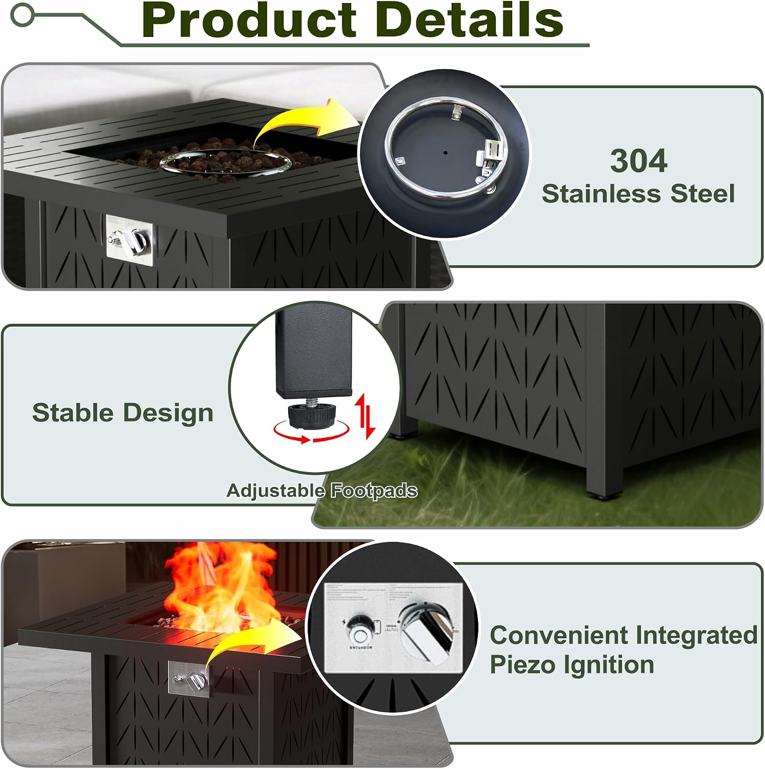 Dineli 28-Inch Square Propane Fire Pit Firepits for Outside Patio Fire Pit Table, Gas Fire Pits with Adjustable Feet, Tabletop Fire Pits for Backyard Deck Balcony, 50,000 BTU, Leaf Pattern - Black