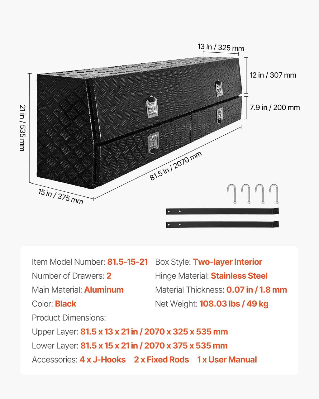 VEVOR Contractor Truck Tool Box, 81.5 x 21 x 13 in, Black Tread Aluminum TopSider Toolbox with Two Lower Drawers, Flip Up Door, Weather-Resistant Heavy Duty Storage Box, with Latch, for Truck Bed