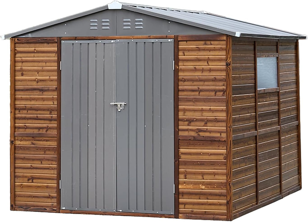 8x8 FT Outdoor Tool Shed, Wood-Iron Combination Storage Shed with Ventilation, Weather-Resistant Roof, Lockable Doors & Wood Grain Finish for Backyard and Garden