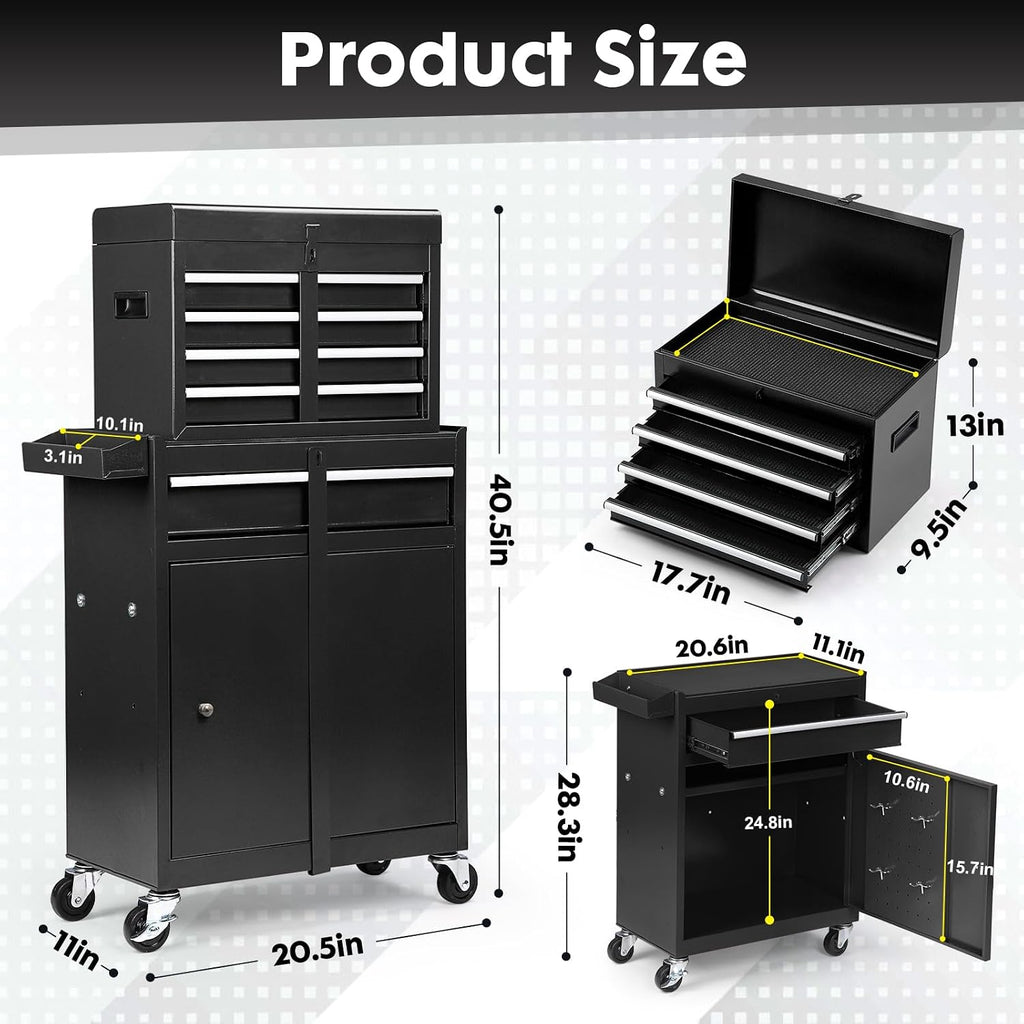 Dawmilon 5-Drawer Rolling Tool Chest, Detachable Top Tool Box, Lockable Metal Tool Cabinet with Wheels, Adjustable Shelf and Liner for Garage Workshop Storage, Black