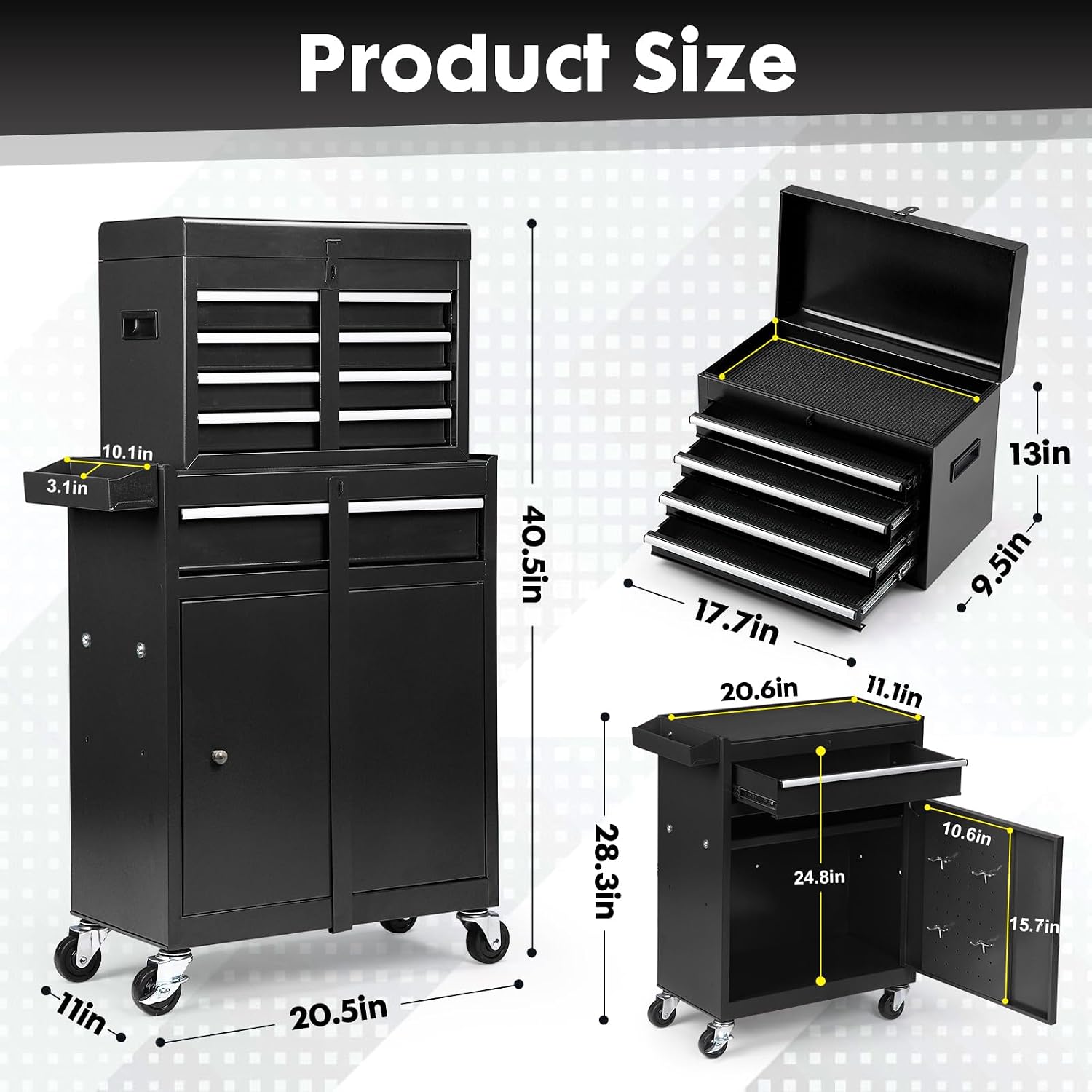 Dawmilon 5-Drawer Rolling Tool Chest, Detachable Top Tool Box, Lockable Metal Tool Cabinet with Wheels, Adjustable Shelf and Liner for Garage Workshop Storage, Black