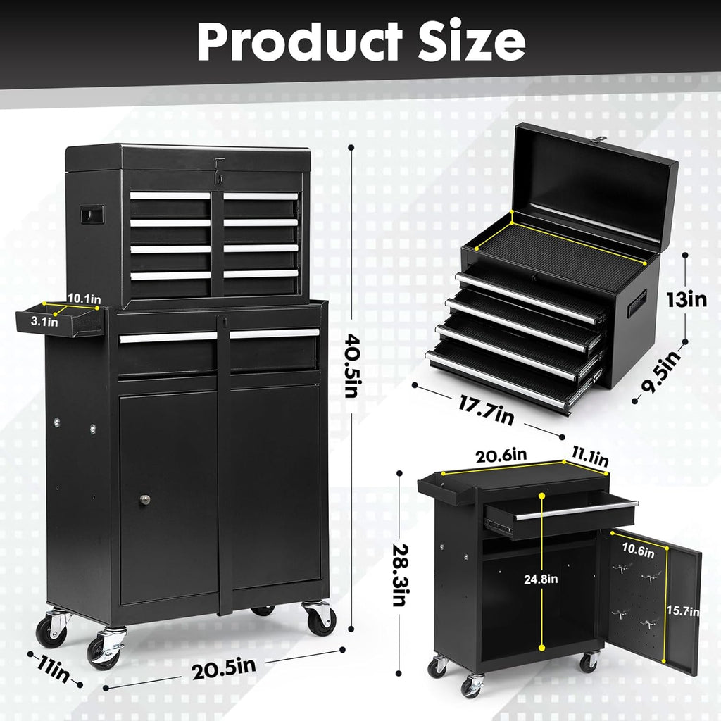 5-Drawer Rolling Tool Chest – 2-in-1 Lockable Tool Box with Wheels, Sliding Drawers & Detachable Top – Garage & Workshop Storage Cabinet, Black