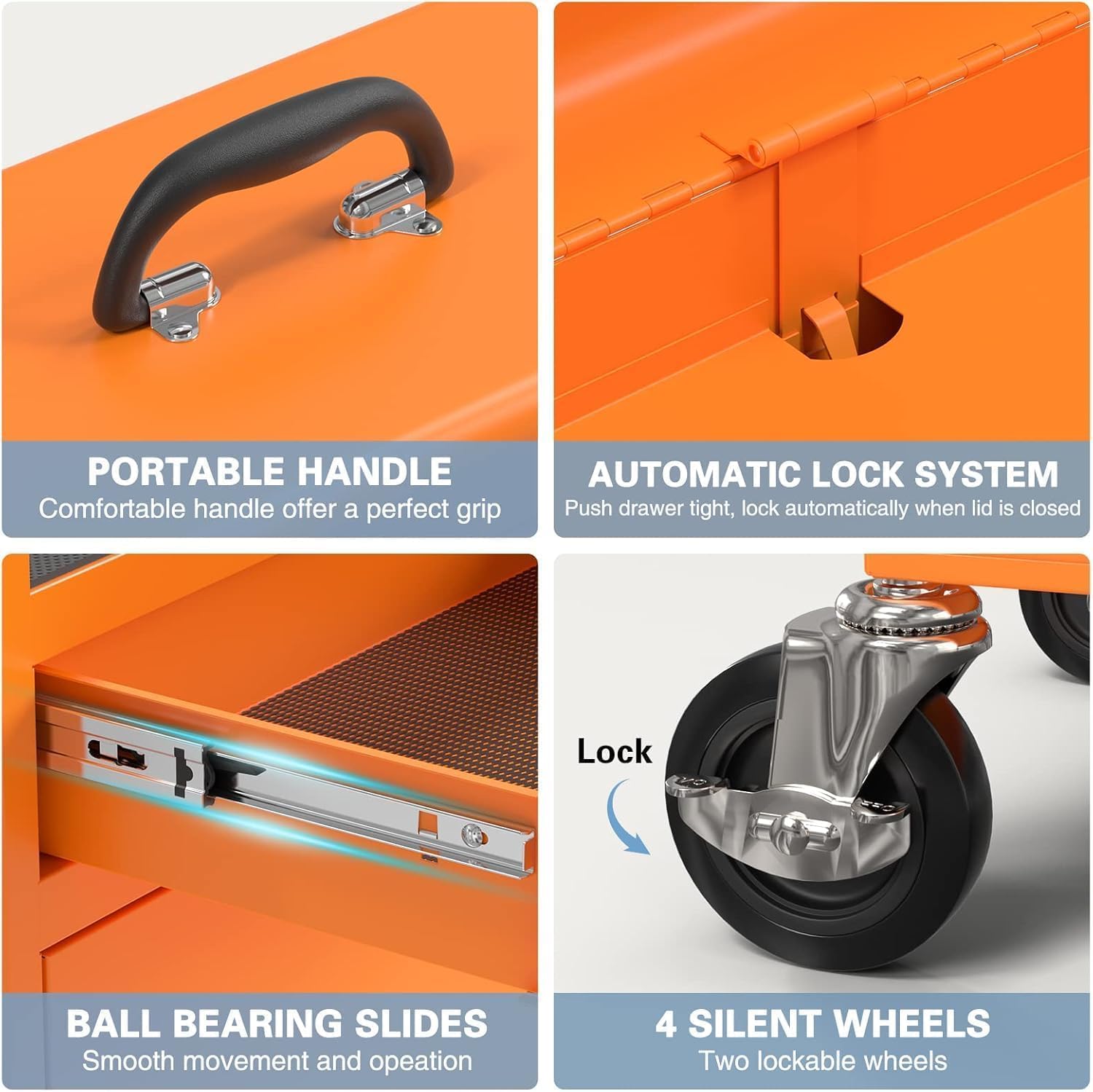 5-Drawer High Capacity Rolling Tool Chest, Removable Toolbox on Wheels Organizers, Lockable Tool Box Tool Storage Cabine with Drawers and Wheels for Workshop and Warehouse（5-Drawer, Orange）