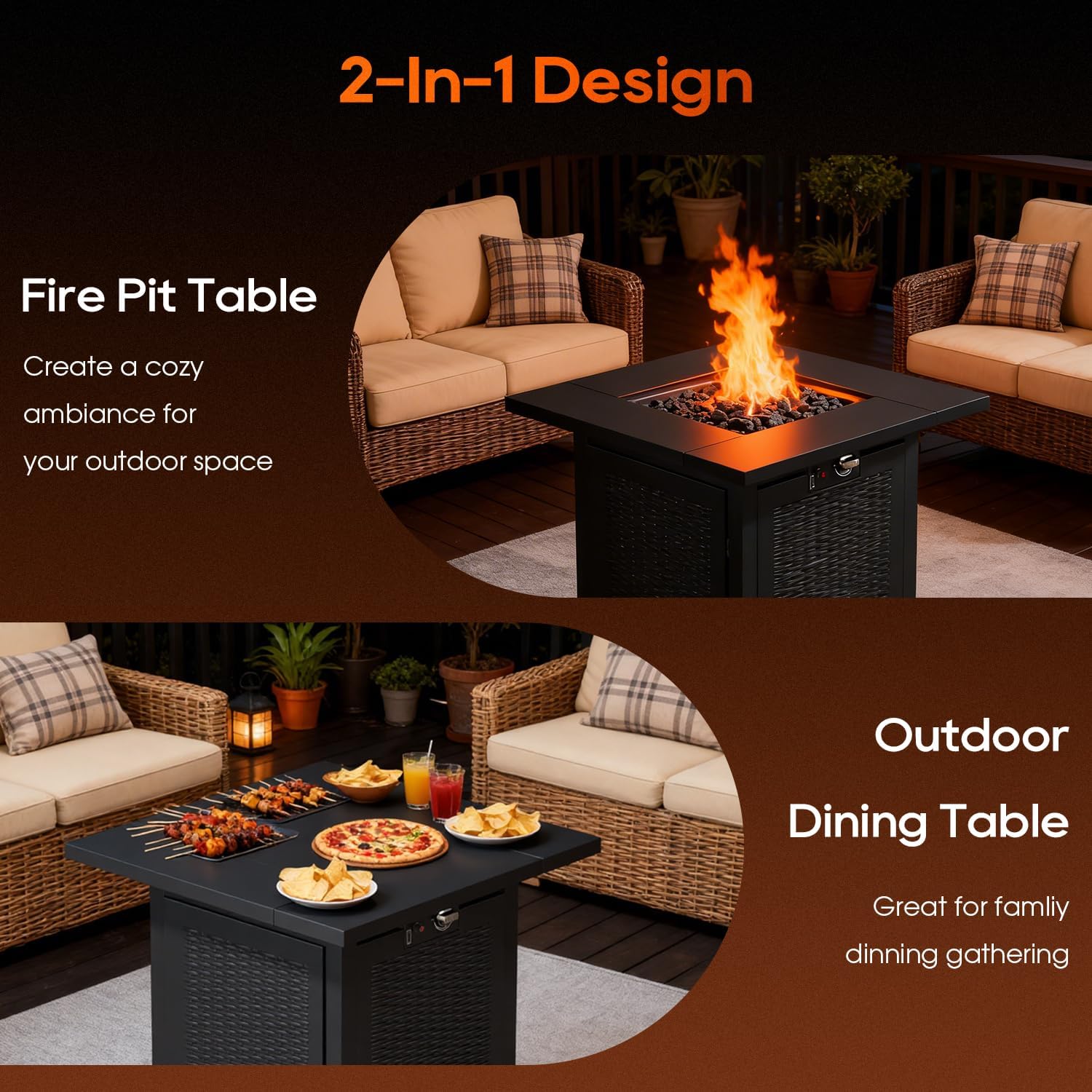 FDW 28-Inch Square Outdoor Propane Fire Pit Table, 50,000 BTU CSA Listed Gas Firepit with Lid & Lava Rock, Alloy Steel Patio Fire Pit Table for Patio Deck Garden