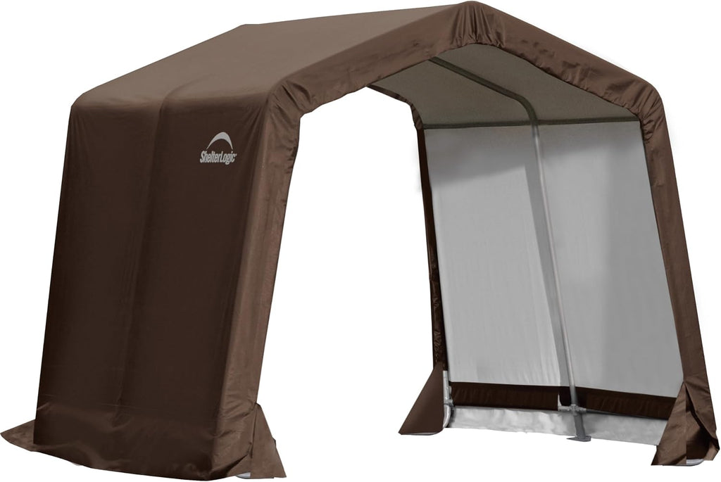 ShelterLogic 10' x 10' x 8' 3-in-1 Outdoor Loafing Shed Animal Shelter with Waterproof Cover, All-Weather Outdoor Storage Shed for Animals, Agriculture, and Farm Equipment, Brown