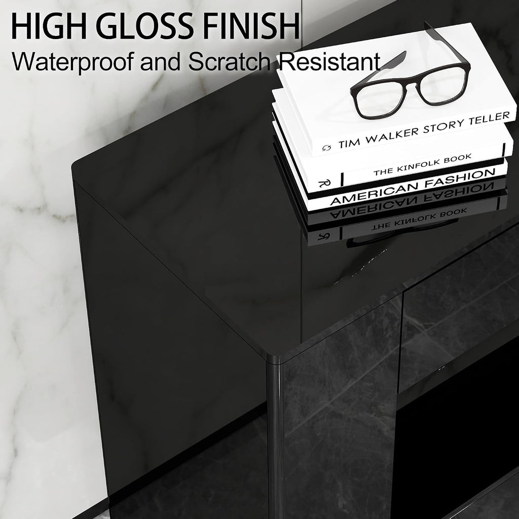 High Gloss TV Stand with 2 Large Drawers & Push-Open Doors - High Gloss Modern TV Console Storage Cabinet for Living Room, Office