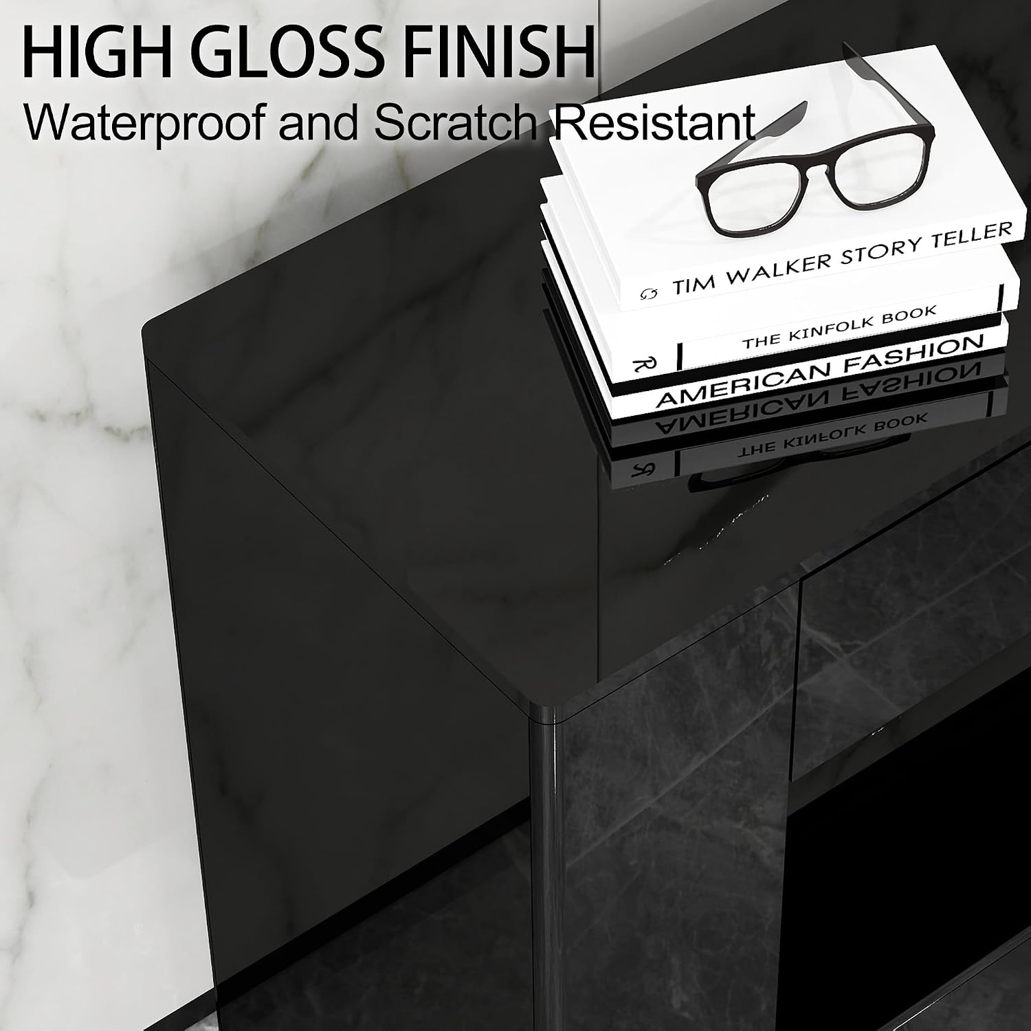 High Gloss TV Stand with 2 Large Drawers & Push-Open Doors - High Gloss Modern TV Console Storage Cabinet for Living Room, Office