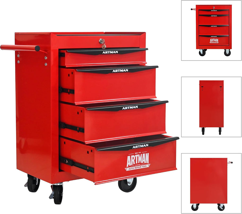 4 Drawers Tool Cart on Wheels, Multifunctional Rolling Tool Chest, Drawers Mobile Trolley Organizer Heavy Duty Tools Box with Locking Wheels & Ball Bearing Drawers (Red, 4 Drawers)