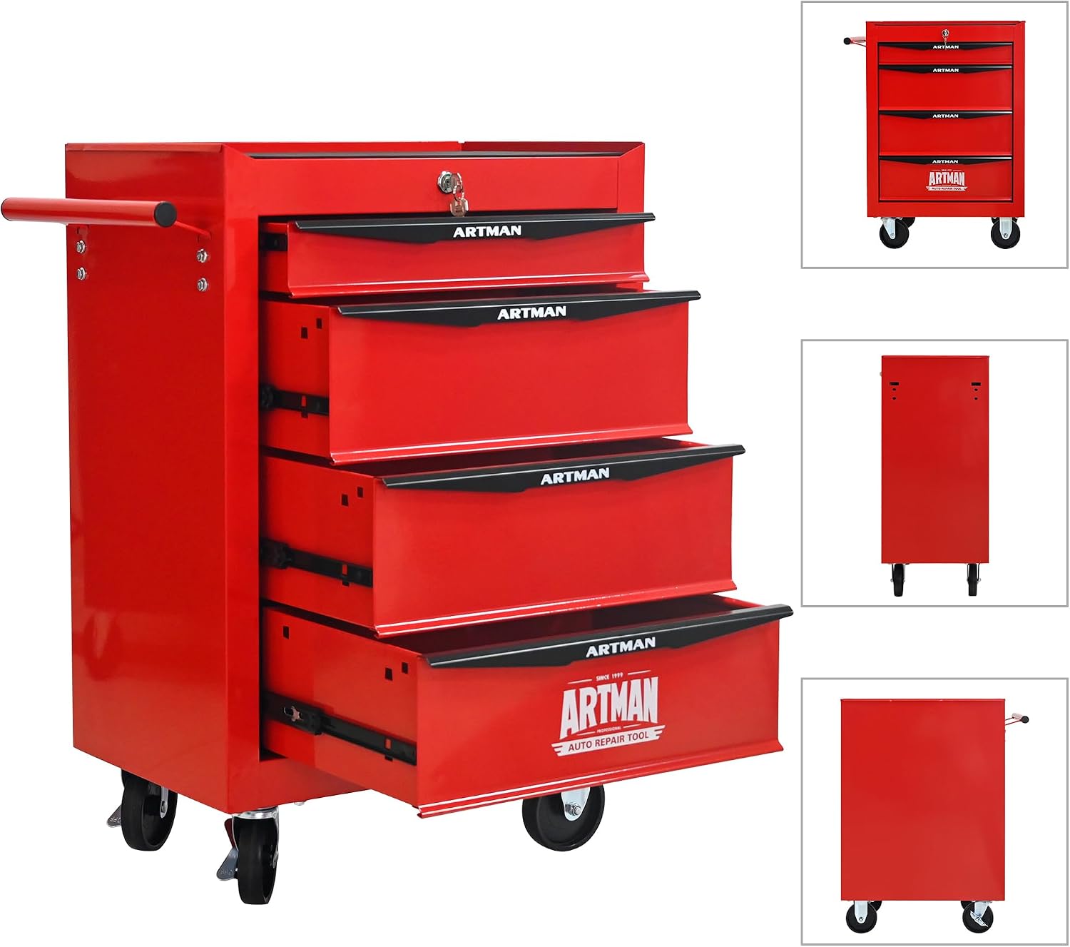 4 Drawers Tool Cart on Wheels, Multifunctional Rolling Tool Chest, Drawers Mobile Trolley Organizer Heavy Duty Tools Box with Locking Wheels & Ball Bearing Drawers (Red, 4 Drawers)