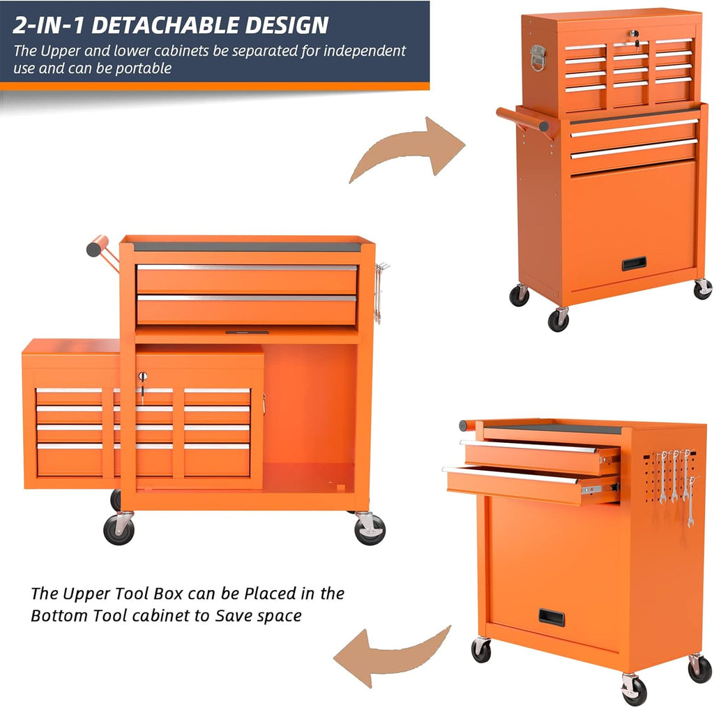 8-Drawer Rolling Tool Box, Lockable Rolling Tool Chest with Wheels and Drawers, 2 in 1 Large Capacity Storage Tool Cabinet for Warehouse, Garage, Tool Room and Repair Shop (Orange)