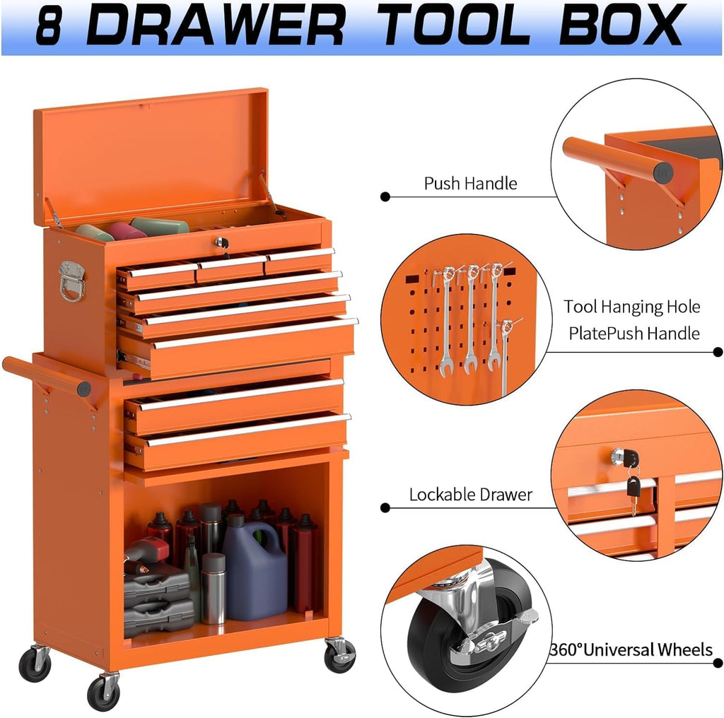 8 Drawer Rolling Tool Chest, High Capacity Tool Box with Lockable Wheels and Drawers, 2 in 1 Portable Toolbox Organizer Storage Cabinet For Garage, Warehouse, Repair Shop, Orange
