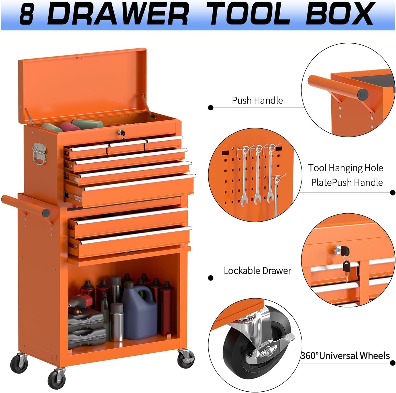8 Drawer Rolling Tool Chest, High Capacity Tool Box with Lockable Wheels and Drawers, 2 in 1 Portable Toolbox Organizer Storage Cabinet For Garage, Warehouse, Repair Shop, Orange