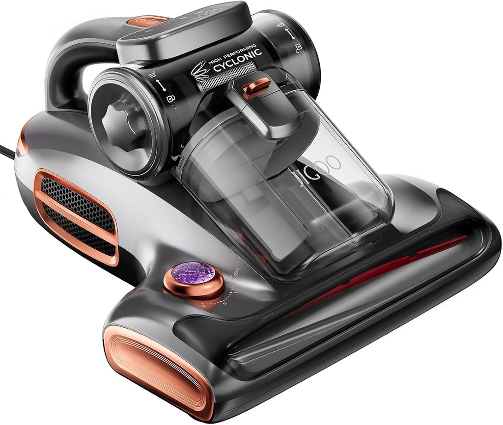 JIGOO T600 Bed Vacuum Cleaner with UV-C Light, 15Kpa Suction 700W Powerful Double Cup Handheld Vacuums, Mattress Vacuum Cleaner with Smart Dust Sensor, Ultrasonic & Heating Tech, HEPA Filter - Corded