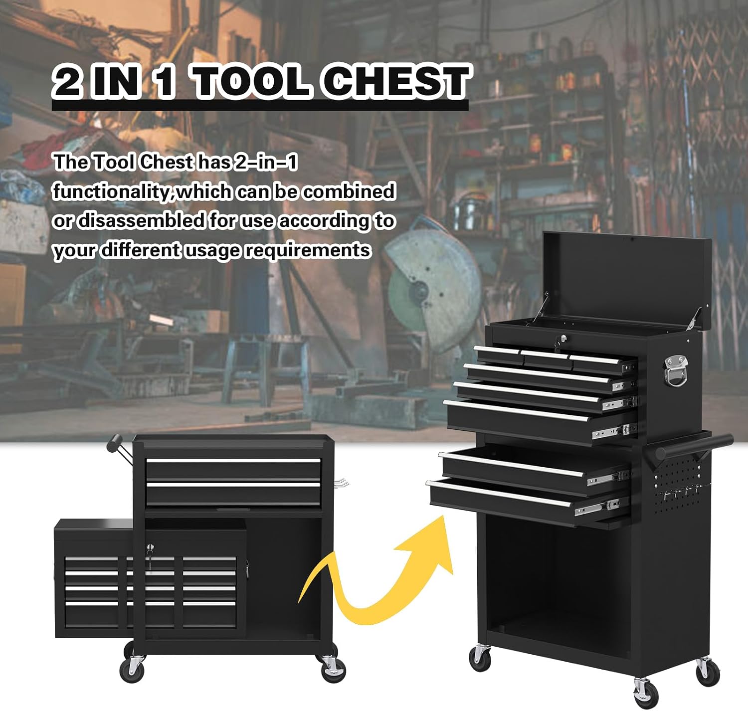 8-Drawer Rolling Tool Chest, High Capacity Removable Tool Storage Cabinet, Detachable Toolbox with Lock for Garage Warehouse and Tool Room (Black)