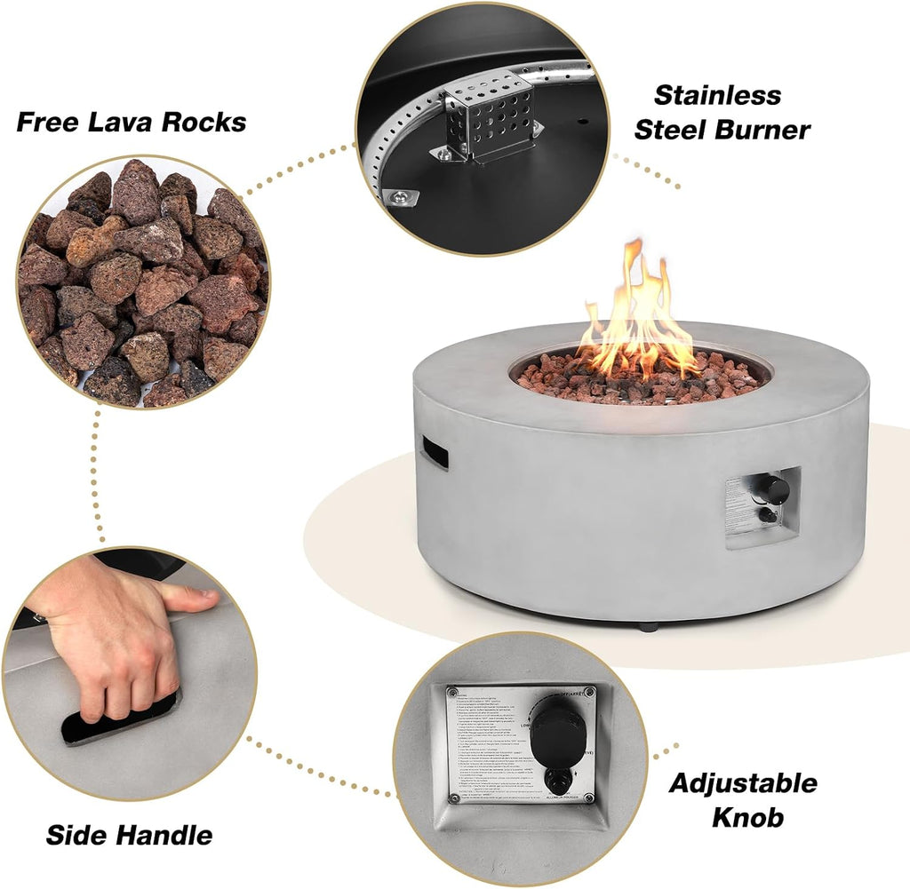 2-Piece Outdoor Propane Fire Pit Table Set w/Tank Cover Table, 36-inch 50,000 BTU Concrete Firepit SUS201 Round Burner with Steel Lid, Lava Rocks, Rain Cover