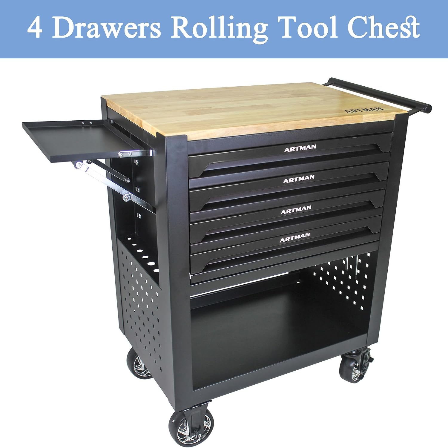 4 Drawers Tool Chest on Wheels,Tool Storage Cart with Wooden Top,Drawers Rolling Tool Box Organizer Tool Case with Lock for Garage,Warehouse,Workshop,Repair Shop (4 Drawers-35.4' H-Black)