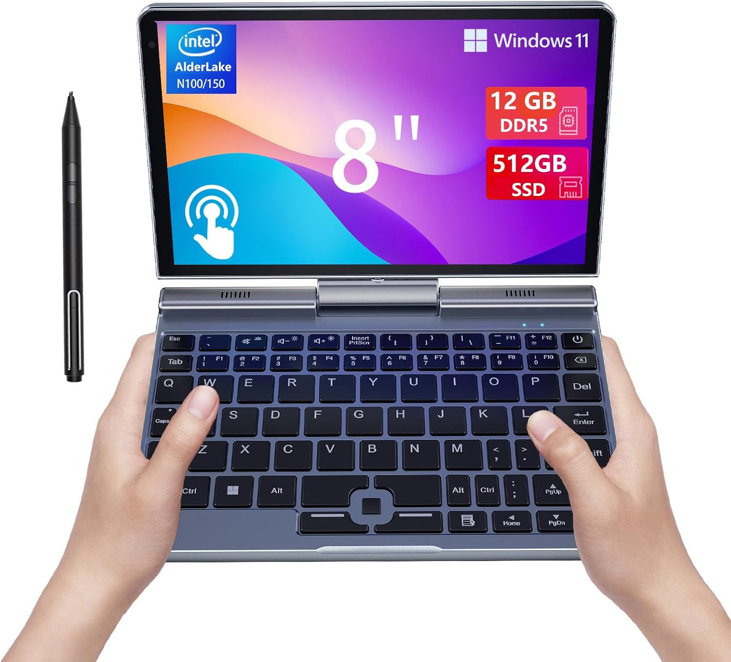 8' Mini Laptop 2-in-1 HD Touchscreen Portable, Win 11 Pro Portable Pocket PC, N150 12 GB LPDDR5 512 GB M.2 SSD, Wi-Fi 6, BT 5.2 2 MP Camera, G-Sensor, HDMI, Type C