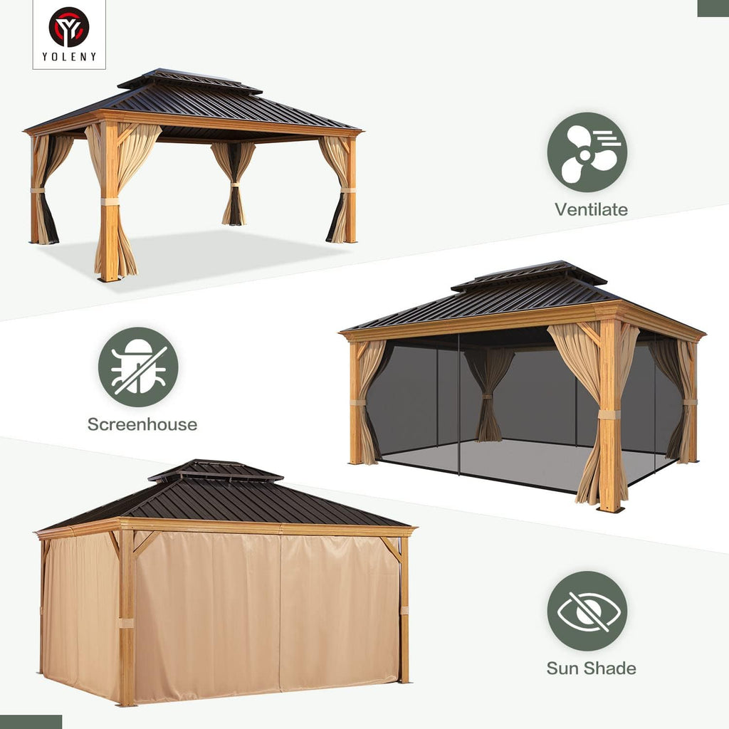 YOLENY 12'x16' Hardtop Gazebo, Wood Grain Aluminum Frame Outdoor Gazebo with Double Galvanized Steel Roof, Permanent Metal Pavilion with Curtains and Nettings for Patio, Backyard, Deck and Lawns