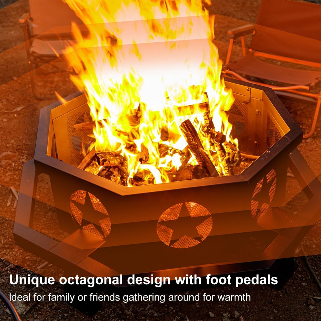 Panovue 42 inch Fire Pit for Outside, Heavy Duty Wood Burning Fire Pits with Fire Poker, Outdoor Octagonal Firepit for Camping, Yard, Patio