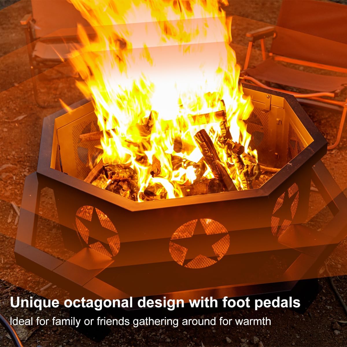Panovue 42 inch Fire Pit for Outside, Heavy Duty Wood Burning Fire Pits with Fire Poker, Outdoor Octagonal Firepit for Camping, Yard, Patio