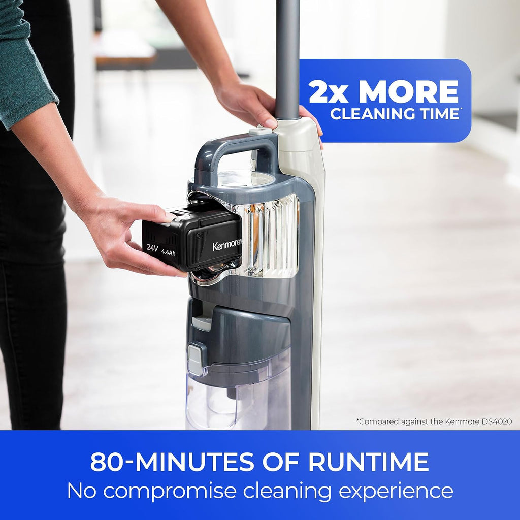 Kenmore CU7005 Litening 24V Cordless Upright Vacuum with Lift-Up & Hair Eliminator Nozzle, Brushless Motor, Up to 80 Mins of Runtime, HEPA Filter & LED Display for Carpets, Hard Floor & Pets, White