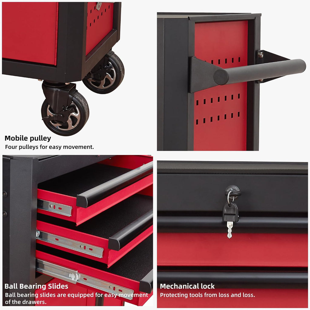 Tool Chest with Wheels - 28inch Tool Box with 3 Drawers & 1 Big Tool Cabinet with 2 Door, Metal Rolling Tool Cabinet with Locking System, for Garage, Warehouse, Workshop, Repair Shop