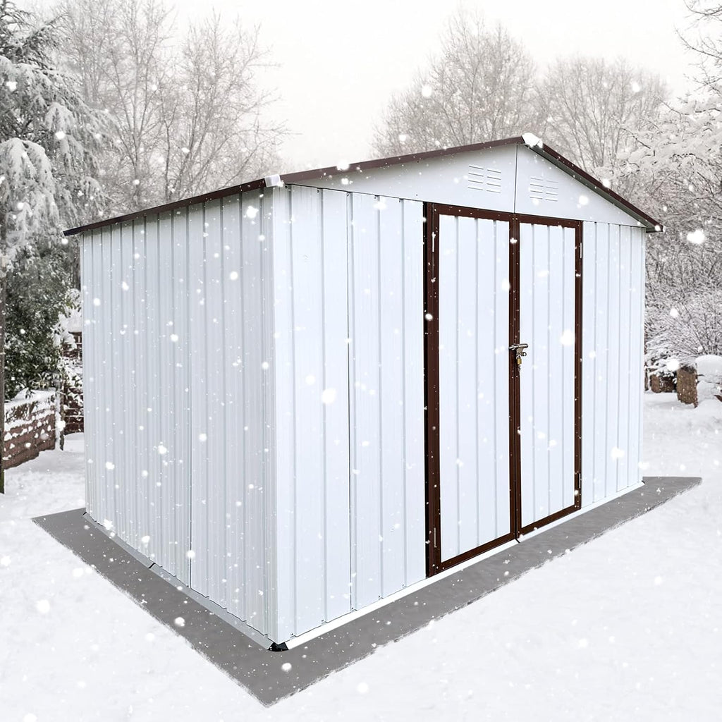8x10 FT Metal Storage Shed, Outdoor Storage Shed with Apex Roof, Lockable Door for Garden, Backyard, Lawn, and Utility Shelter, Weather-Resistant, Easy to Set Up, White and Coffee