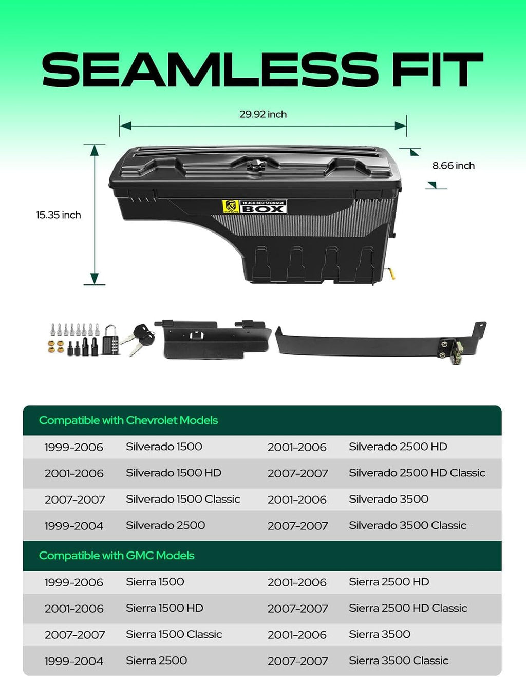 YHTAUTO Truck Bed Storage Tool Box Lockable Compatible with 1999-2007 Chevy Silverado GMC Sierra 1500/2500/3500 & HD(Fit 2007 Classic), Driver Side, Swing Waterproof Wheel Well ToolBox