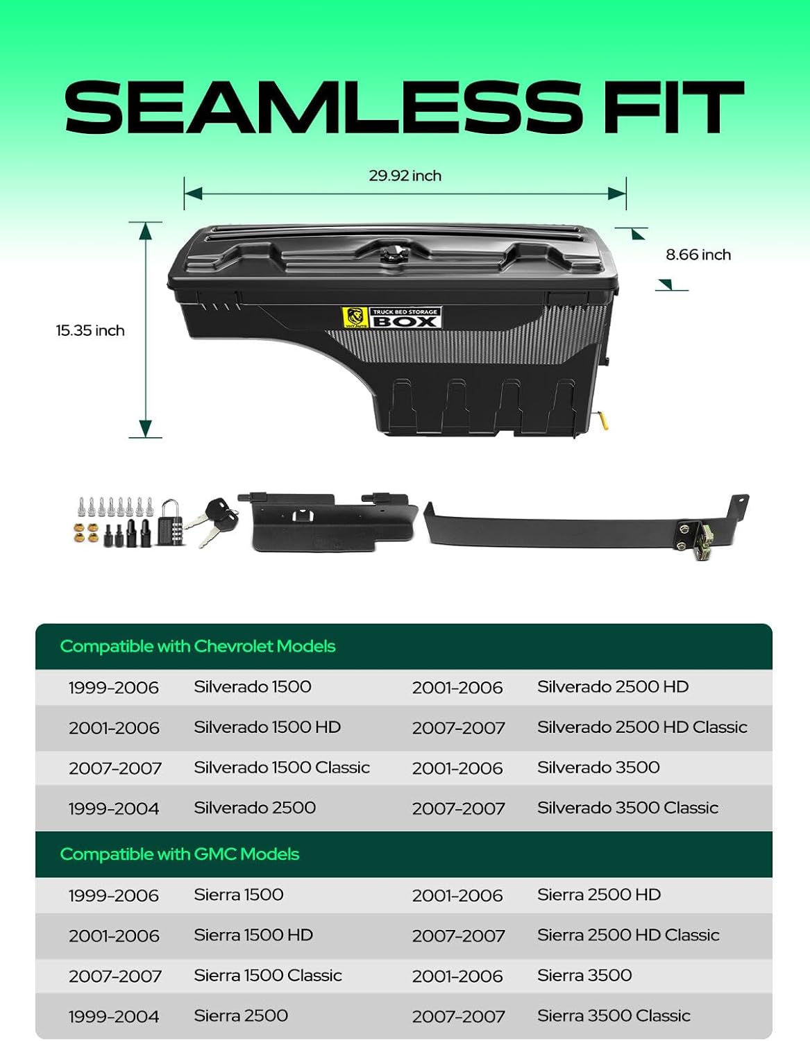 YHTAUTO Truck Bed Storage Tool Box Lockable Compatible with 1999-2007 Chevy Silverado GMC Sierra 1500/2500/3500 & HD(Fit 2007 Classic), Driver Side, Swing Waterproof Wheel Well ToolBox