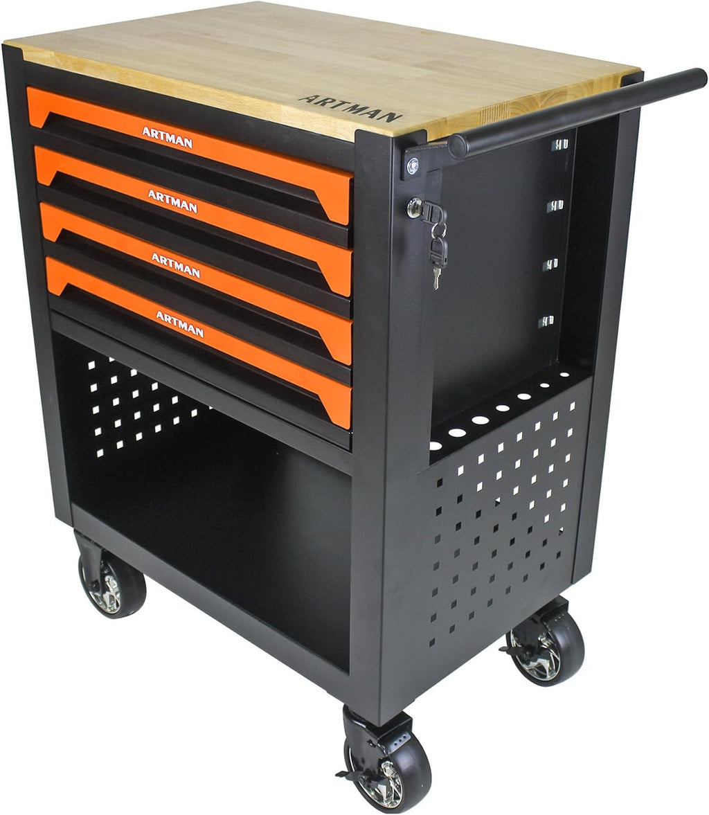 4 Drawers Tool Chest on Wheels,Tool Storage Cart with Wooden Top,Drawers Rolling Tool Box Organizer Tool Case with Lock for Garage,Warehouse,Workshop,Repair Shop (4 Drawers-35.4'H-Black&Orange)
