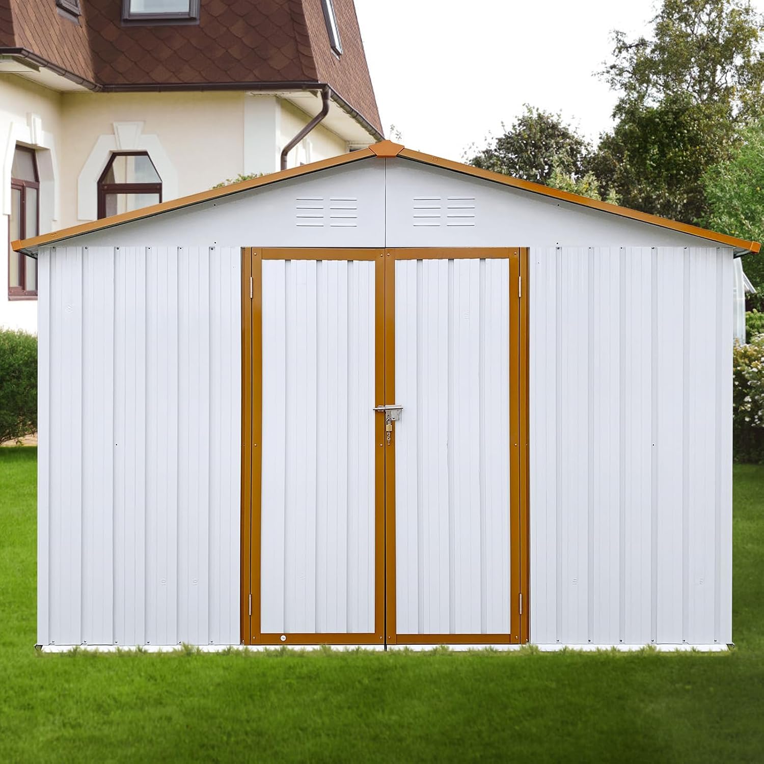 10x12 FT Outdoor Storage Shed, Metal Garden Shed with Lockable Hinged Doors, Large Storage Building with Sloped Roof & 4 Air Vents, Waterproof Outside Tool Shed for Backyard, Patio, Lawn, White+Yellow