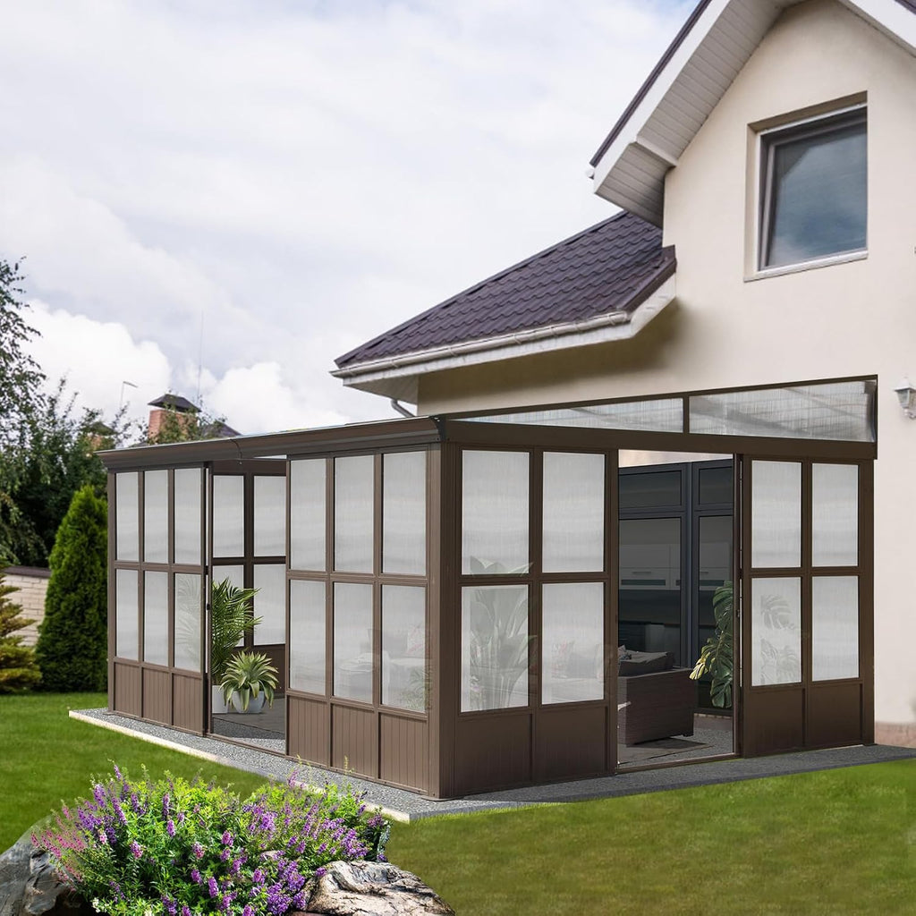 12x14ft Enclosed Gazebo Sunroom, Sunroom Kit, Outdoor Permanent Houses with Detachable Polycarbonate Windows, Lean to Gazebo Sun Room with 2 Lockable Sliding Doors