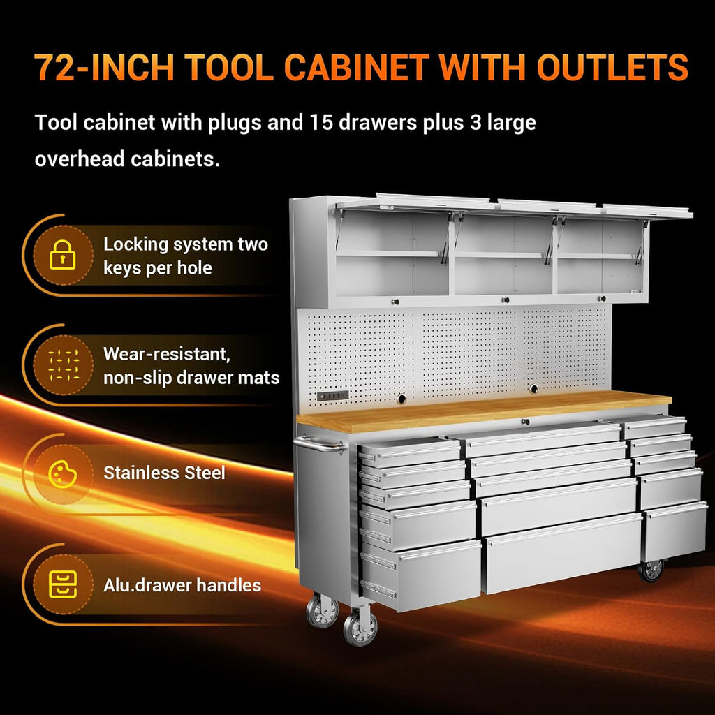 CHETTO C 72-inch Rolling Tool Chest Cabinet Mobile Workbench with 15 Storage Drawers and Wheels 3 Upper Cabinet Outlet SS Pegboard Stainless Steel Tool Box for Garage Warehouse