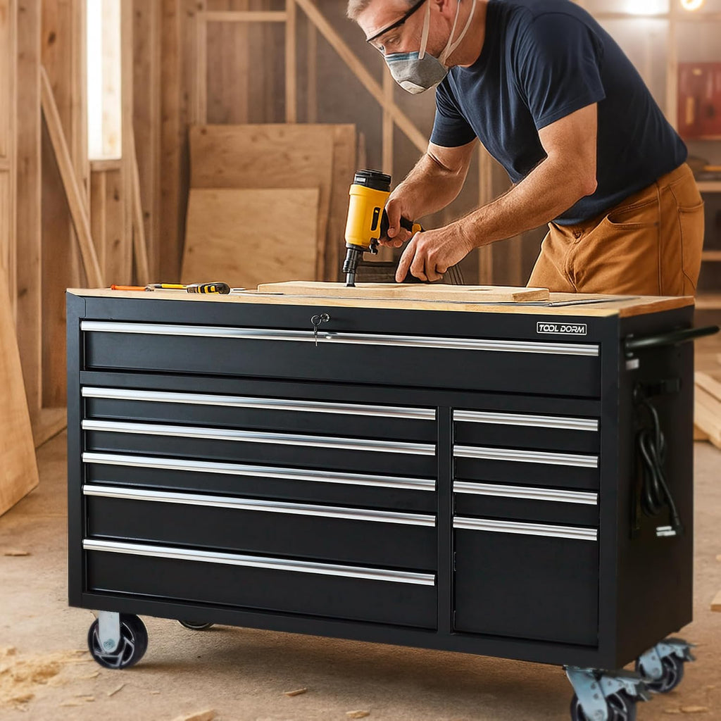 Rolling Large Tool Chest 56-Inch 10 Drawers, Big Tool Chest with Drawers, Workbench with Wooden Top and Power Strip, Rolling Toolbox with Drawers and Locking System, Black