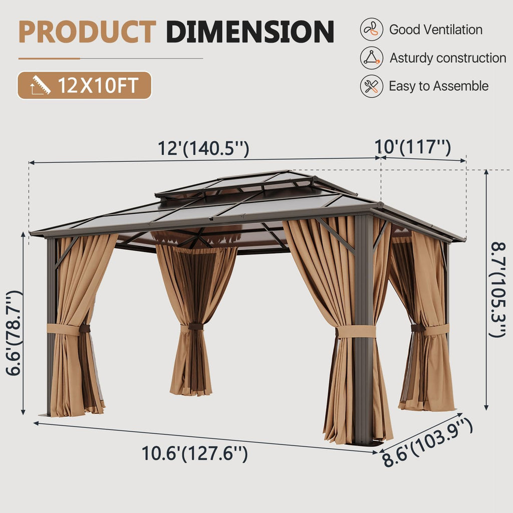 10'x13' Hardtop Gazebo, Polycarbonate Double Top Canopy, Aluminum Frame Permanent Pavilion with Curtains and Netting, Sunshade for Lawns, Patios, Gardens