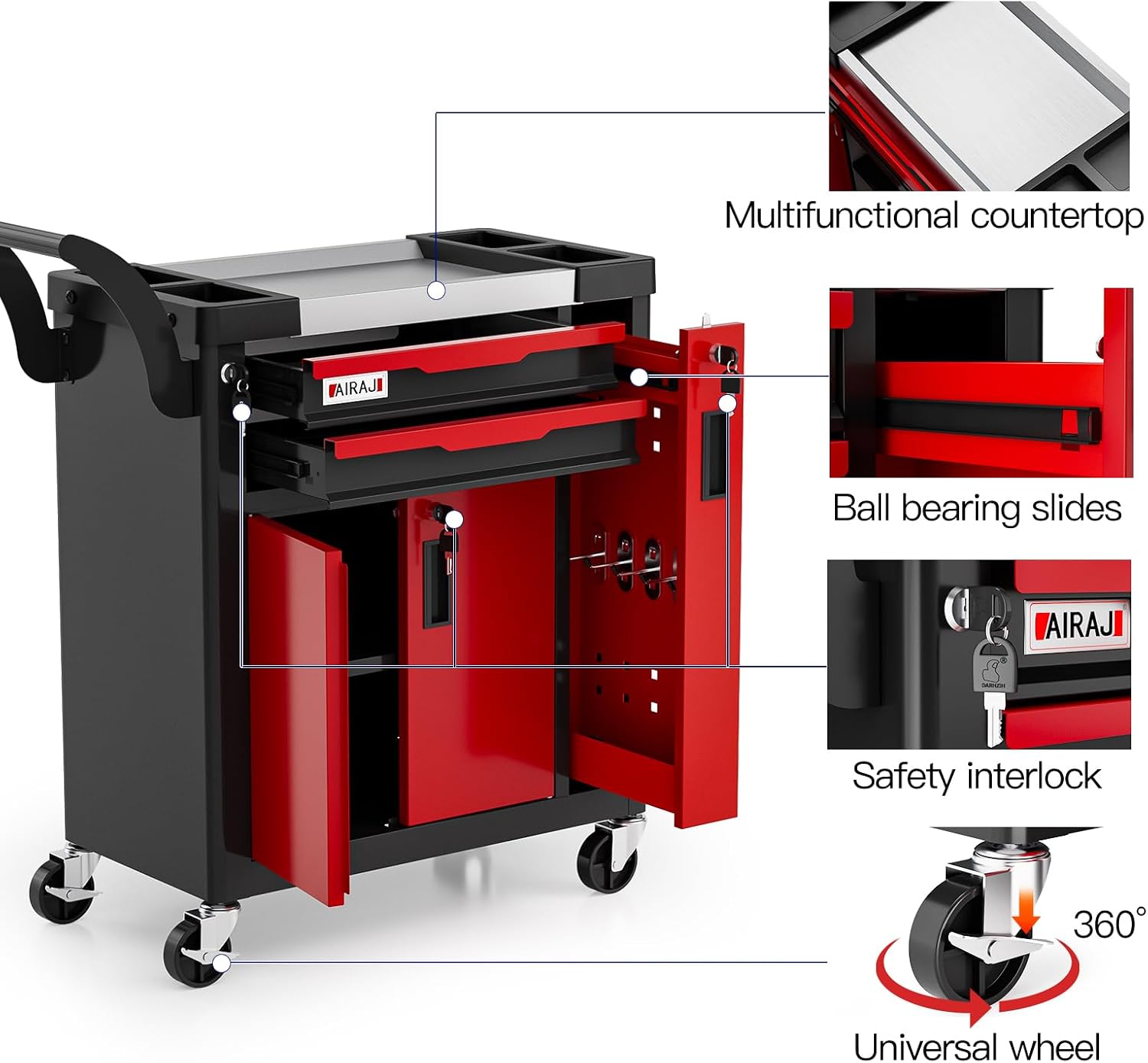 Tool Chest 2-Drawer | Rolling Tool Chest with Wheels/Side Drawer | Drawers Integrated Lockable | Tool Cart/Cabinet with Drawers for Garage Storage,Workshop | Safety Rounded Corner Anti-collision | Red