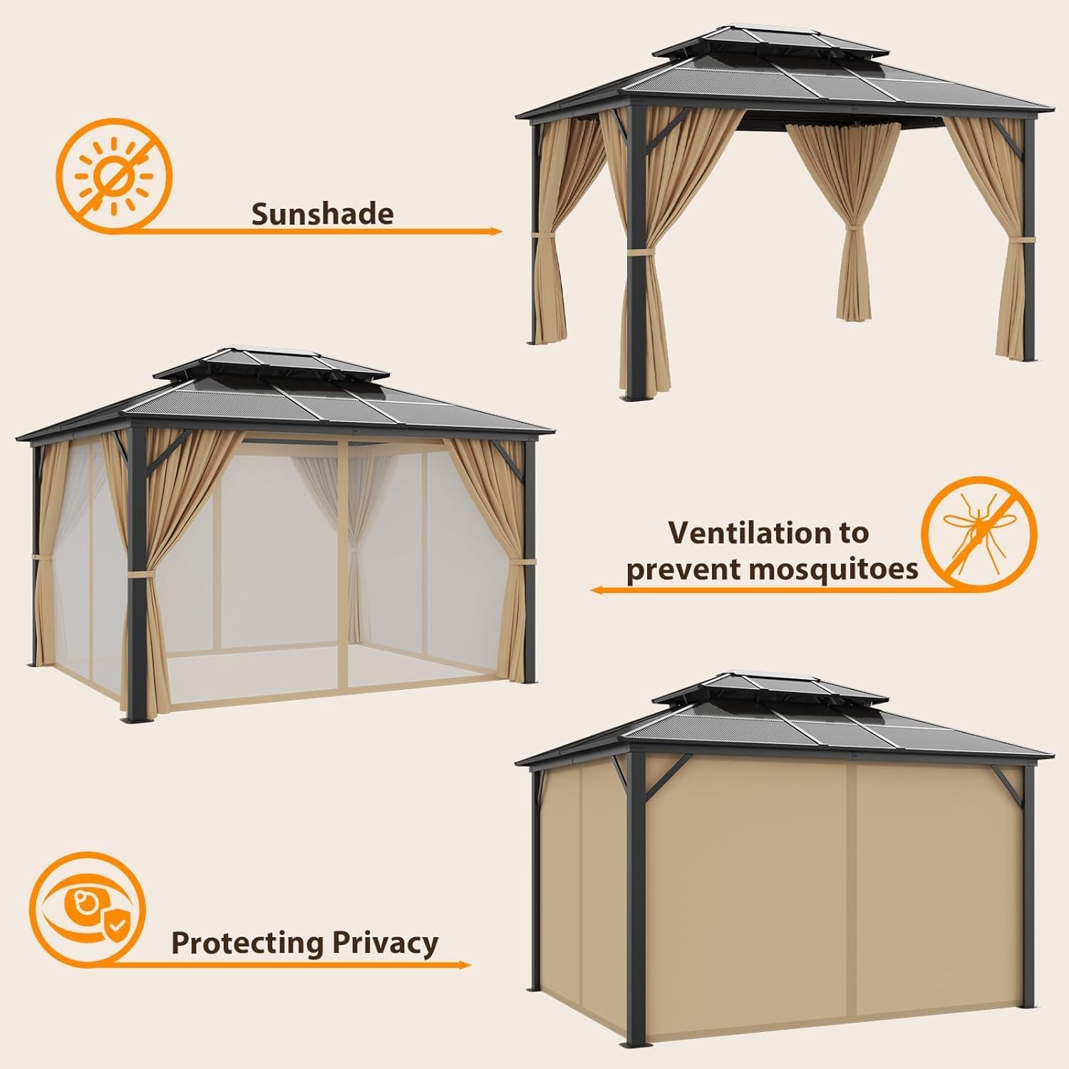 10' x 12' Hardtop Gazebo, Aluminum Frame Gazebo with Galvanized Steel Double Roof, Curtains and Netting, Outdoor Canopy Metal Permanent Pavilion for Garden Patio Deck Backyard, Brown