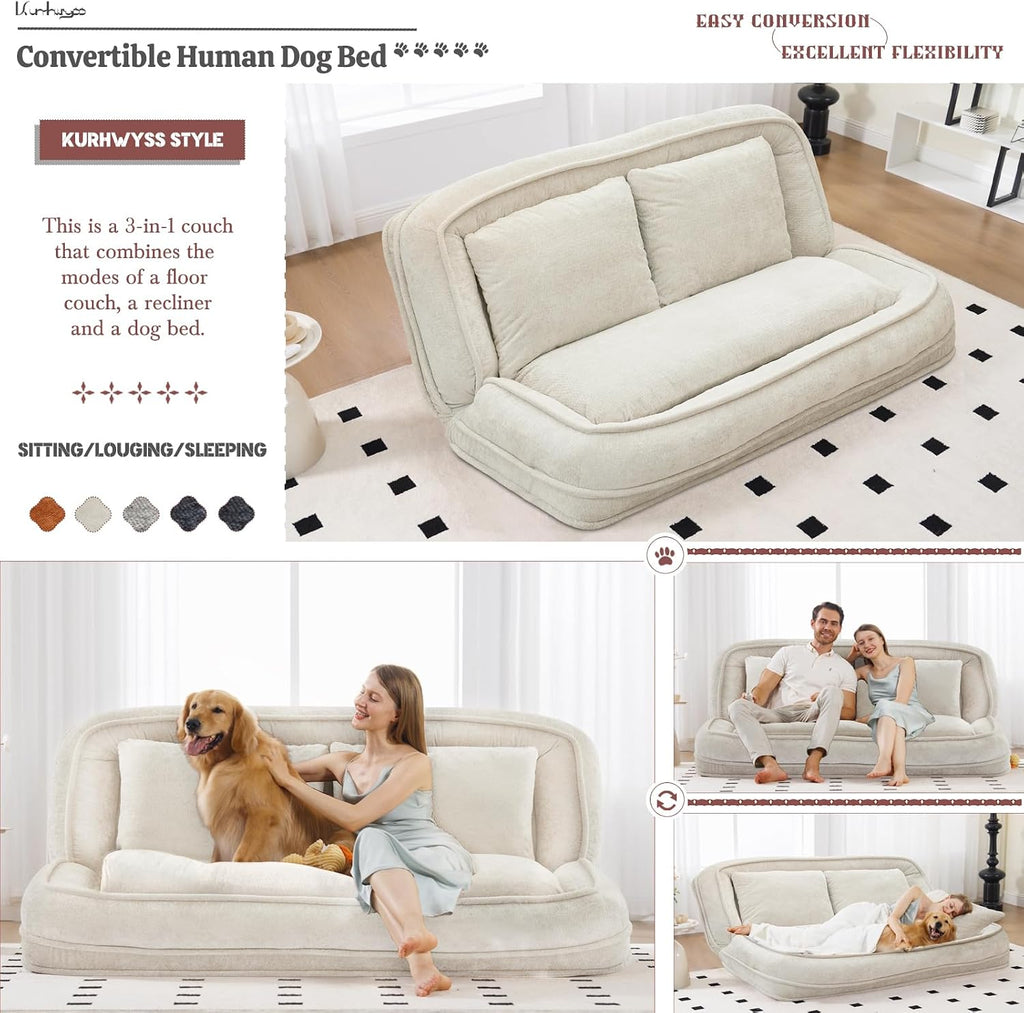 Extra Large Human Dog Bed for Adult & Pets, Convertible Floor Sofa Bed with 5 Adjustable Position, Lazy Couch Giant Bean Bag Lounge Chair Comfy Tatami with 3 Pillows for Bedroom Living Room (Beige)