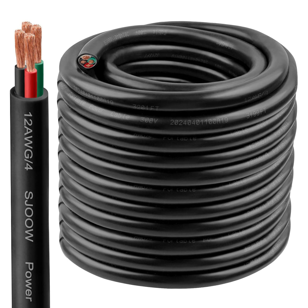 12/4 SJOOW Wire 100FT, 12 AWG 300V SJOOW Bulk Cable, 12 Gauge 4 Conductor Portable Cable for Welder,Generator,Portable Light,Circuits,EV Car Charger,Motor Lead